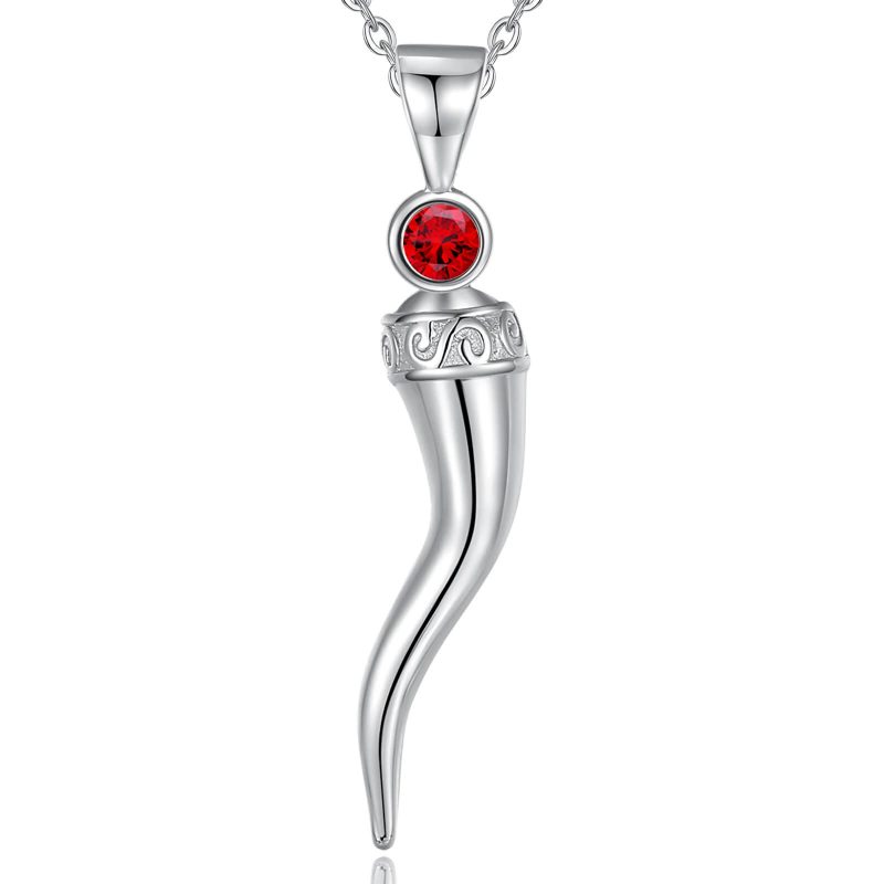 925 Sterling Silver Italian Horn Necklace Pendant Red Cubic Zirconia