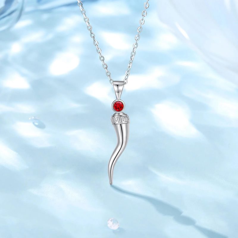 925 Sterling Silver Italian Horn Necklace Pendant Red Cubic Zirconia