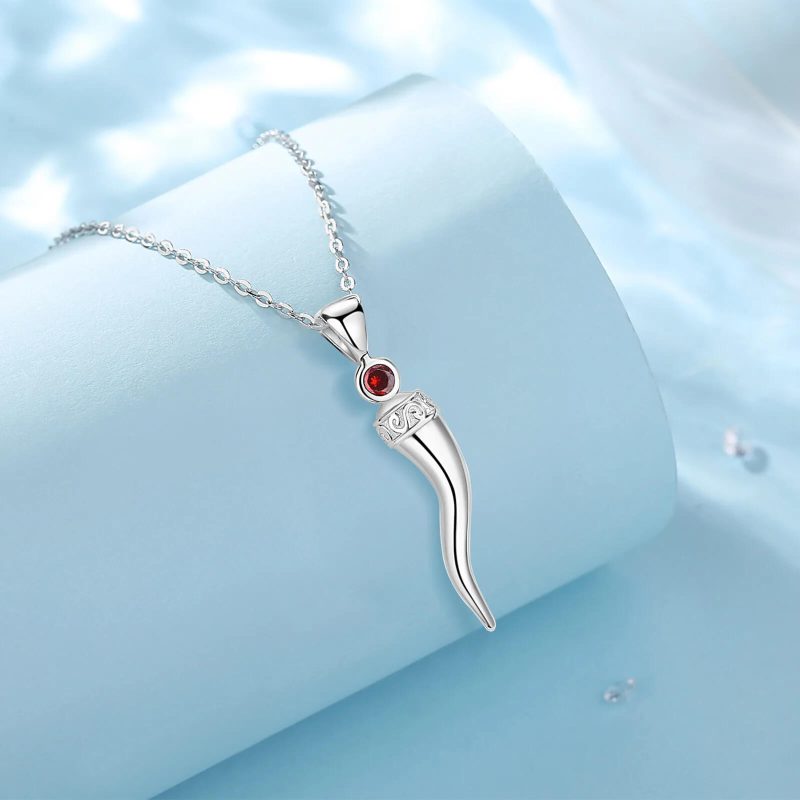 925 Sterling Silver Italian Horn Necklace Pendant Red Cubic Zirconia