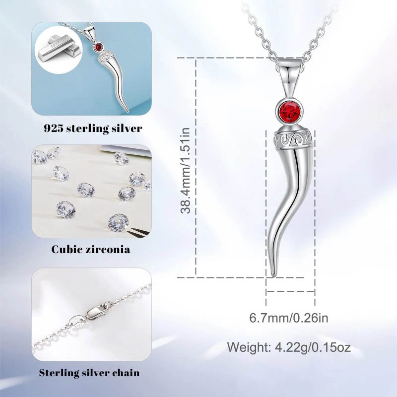 925 Sterling Silver Italian Horn Necklace Pendant Red Cubic Zirconia