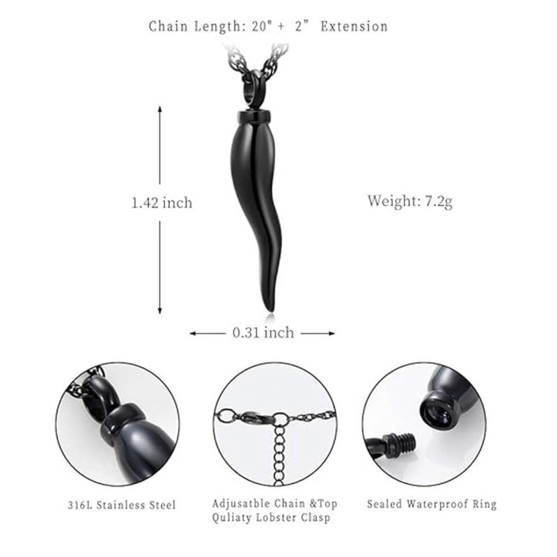 Black Italian Horn Urn Necklace For Men Women Stainless Steel Ashes Holder Pendant Necklace