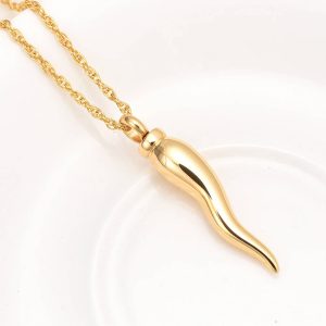 Gold Italian Horn necklace shape Cremation Jewelry for Ashes, Urn Pendant Necklace