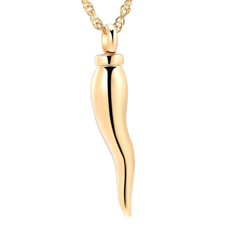 Gold Italian Horn necklace shape Cremation Jewelry for Ashes, Urn Pendant Necklace