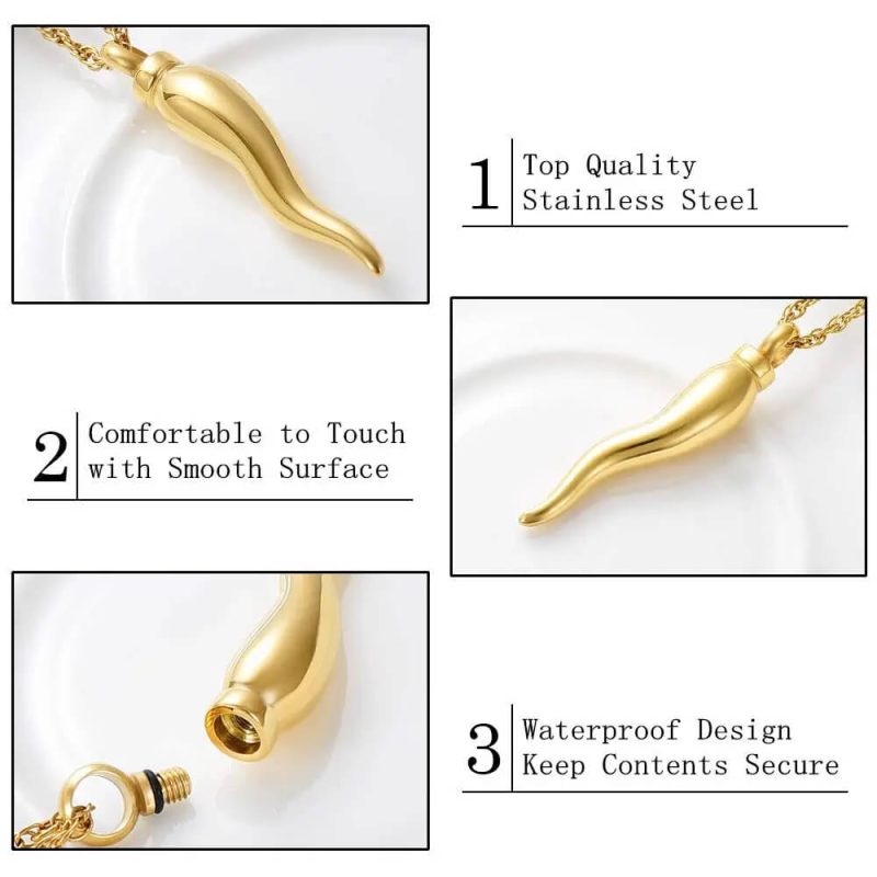 Gold Italian Horn necklace shape Cremation Jewelry for Ashes, Urn Pendant Necklace