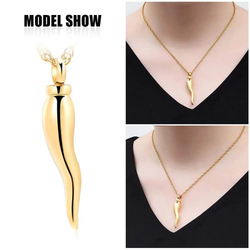 Gold Italian Horn necklace shape Cremation Jewelry for Ashes, Urn Pendant Necklace