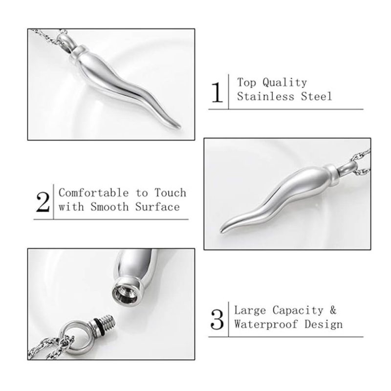 Silver Italian Horn Necklace Urn For Men Women Stainless Steel Ashes Holder Pendant Necklace