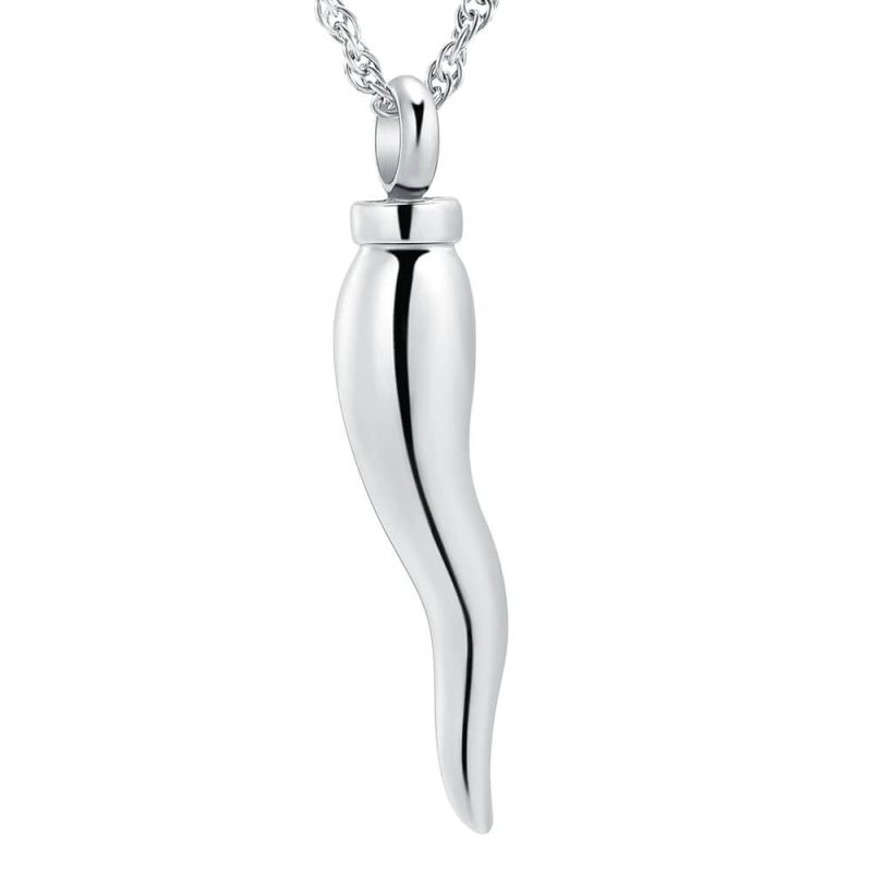 Silver Italian Horn Necklace Urn For Men Women Stainless Steel Ashes Holder Pendant Necklace