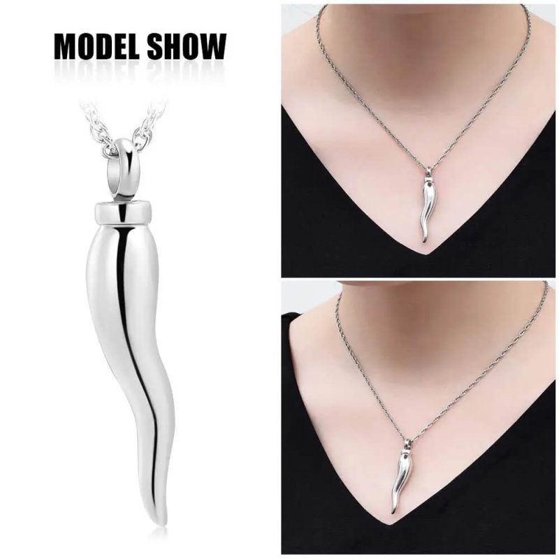 Silver Italian Horn Necklace Urn For Men Women Stainless Steel Ashes Holder Pendant Necklace